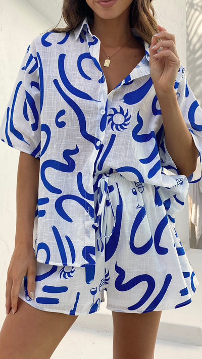 Load image into Gallery viewer, Charli Button Up Shirt and Shorts Set - White/Blue Swirl
