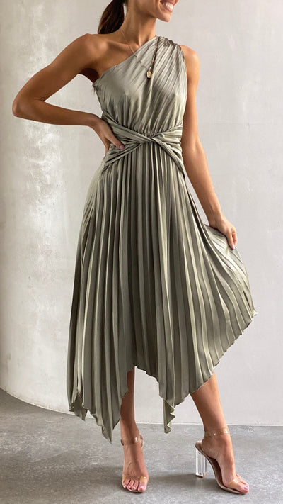 Load image into Gallery viewer, Cali One Shoulder Midi Dress - Olive - Billy J
