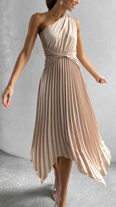 Load image into Gallery viewer, Cali One Shoulder Midi Dress - Champagne - Billy J
