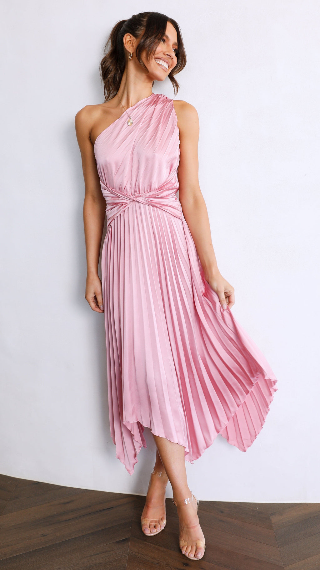 Cali One Shoulder Midi Dress - Pale Pink