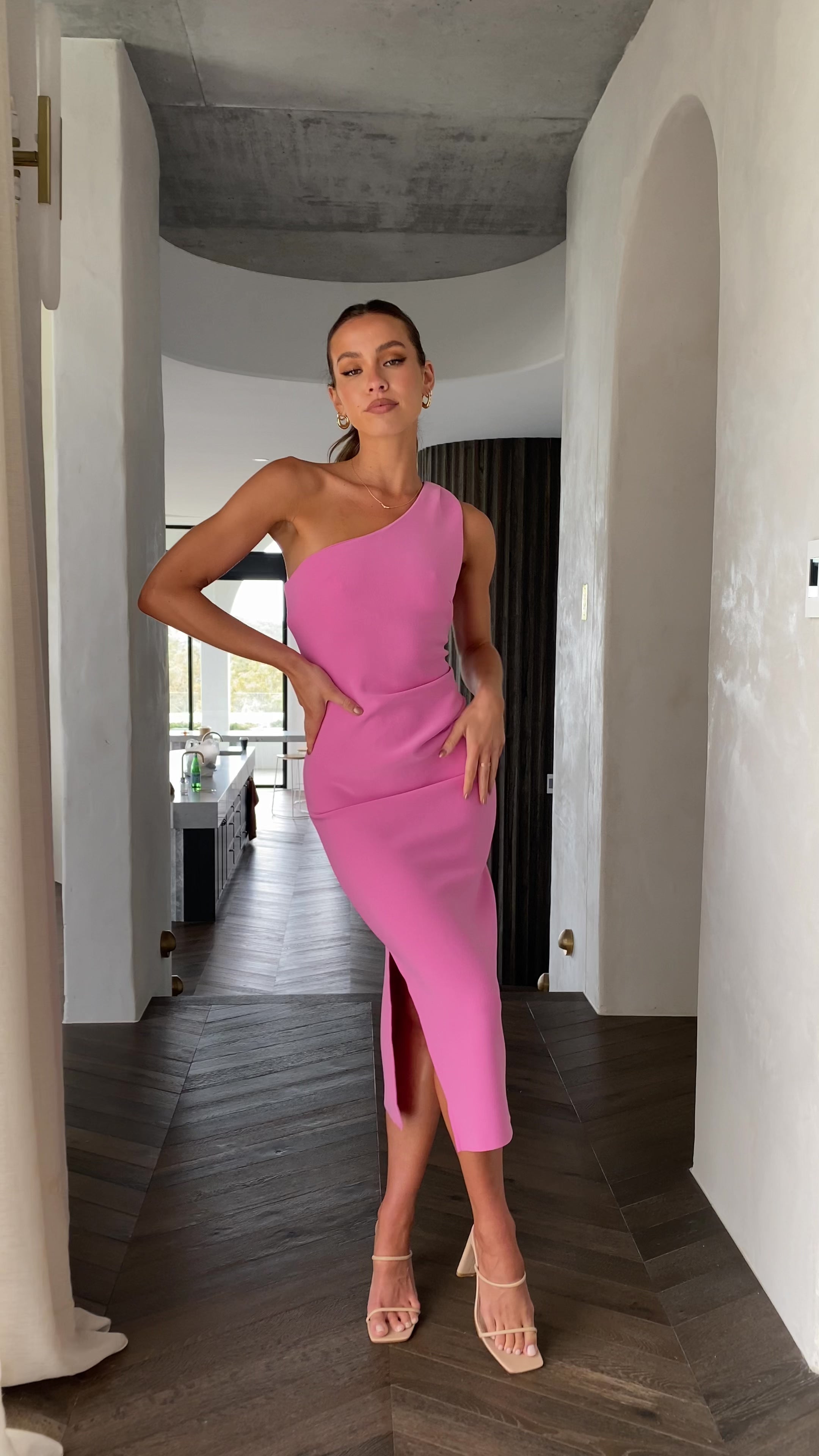 Alvara One Shoulder Midi Dress - Pink