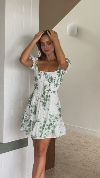 Load and play video in Gallery viewer, Malilah Mini Dress - Green/White Print
