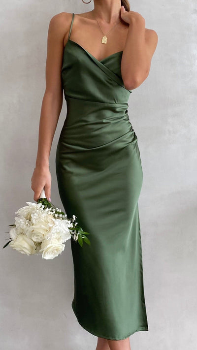Florence Waterfall Bridesmaids Wrap Dress In Olive Green Satin